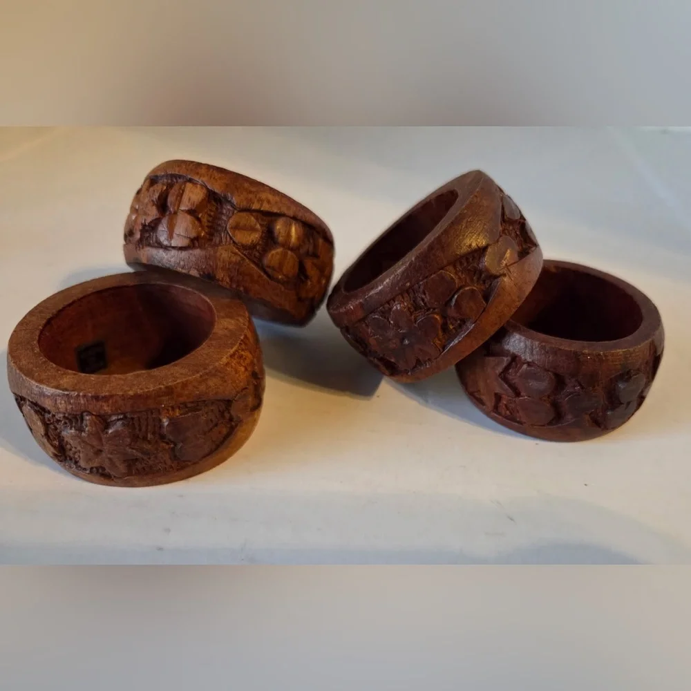 Hand-Carved Wooden Napkin Rings Set of 4 Made in India Vintage